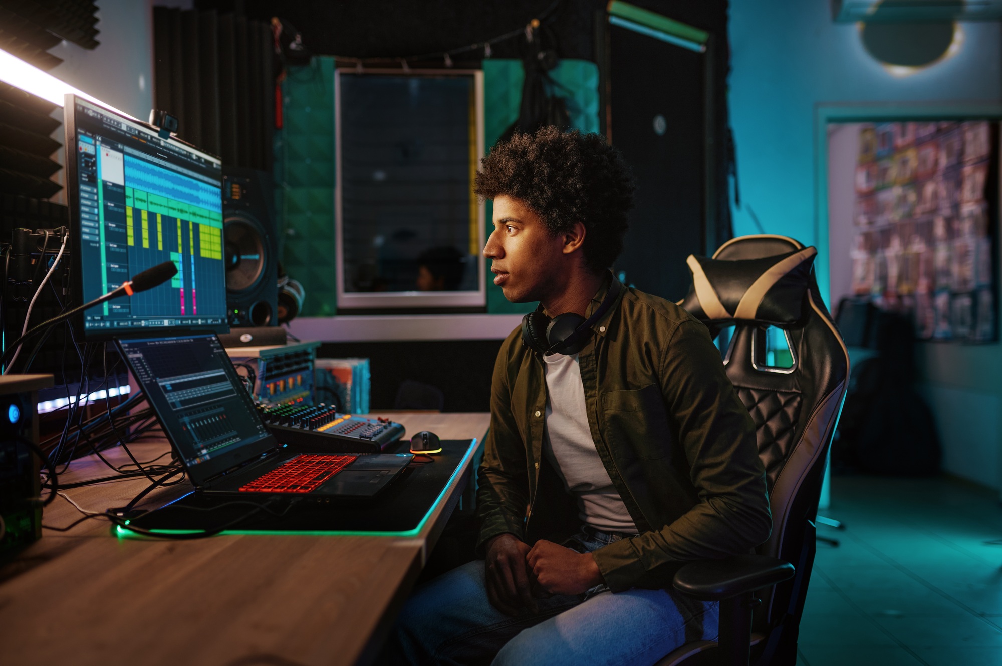 Young man on chair front of monitor in studio of records